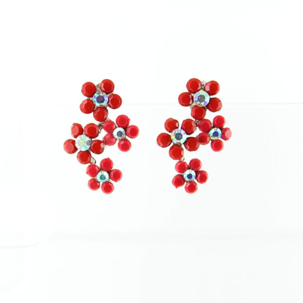 Red flower earrings with rhinestones